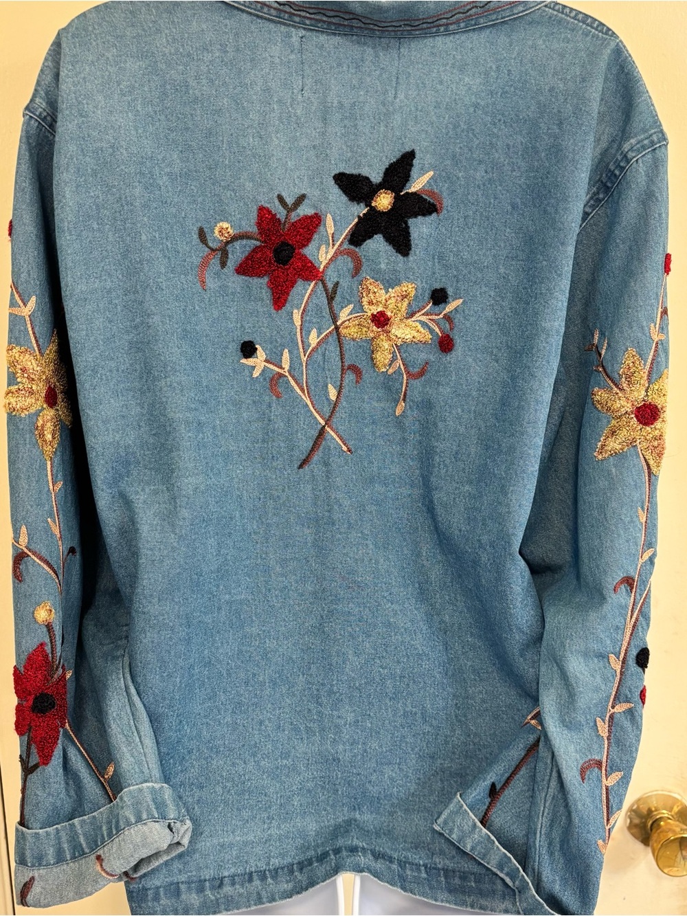 Vintage Embroidered Floral Denim Button-Up Jacket - Red, Black, Gold Flowers - Picture 4 of 5